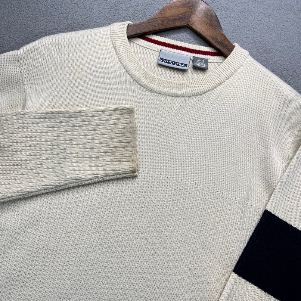 Quiksilver Crewneck Sweater Mens Medium Cream/Navy Cotton Knit Pullover Surf